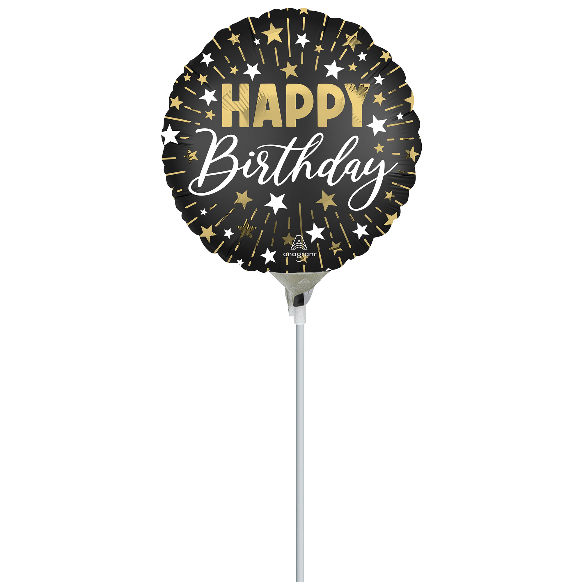 22cm Inflated Satin Black, Silver & Gold Happy Birthday A15