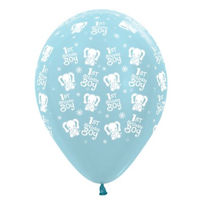 Sempertex 30cm 1st Birthday Boy Elephants Satin Pearl Blue Latex Balloons, 6PK
