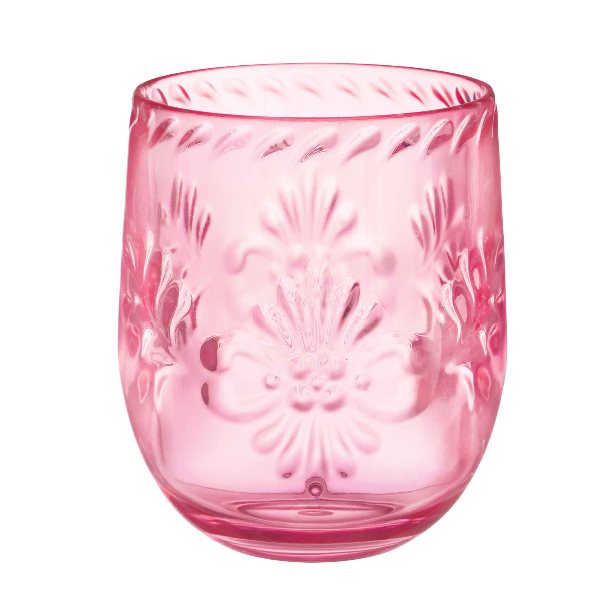 Premium Embossed Pink Floral Stemless Wine Glass