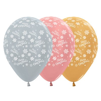 Sempertex 30cm Merry Christmas Snowflakes Metallic Silver, Rose Gold & Gold Latex Balloons, 25PK