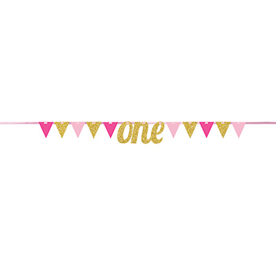 Banner Pennant one Gold & Pink Glittered 20cm x 2.74m