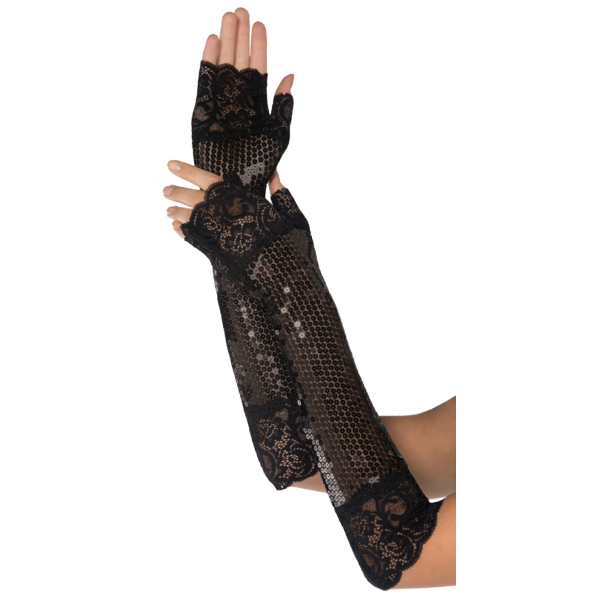Fancy Sequin Long Black Fingerless Gloves