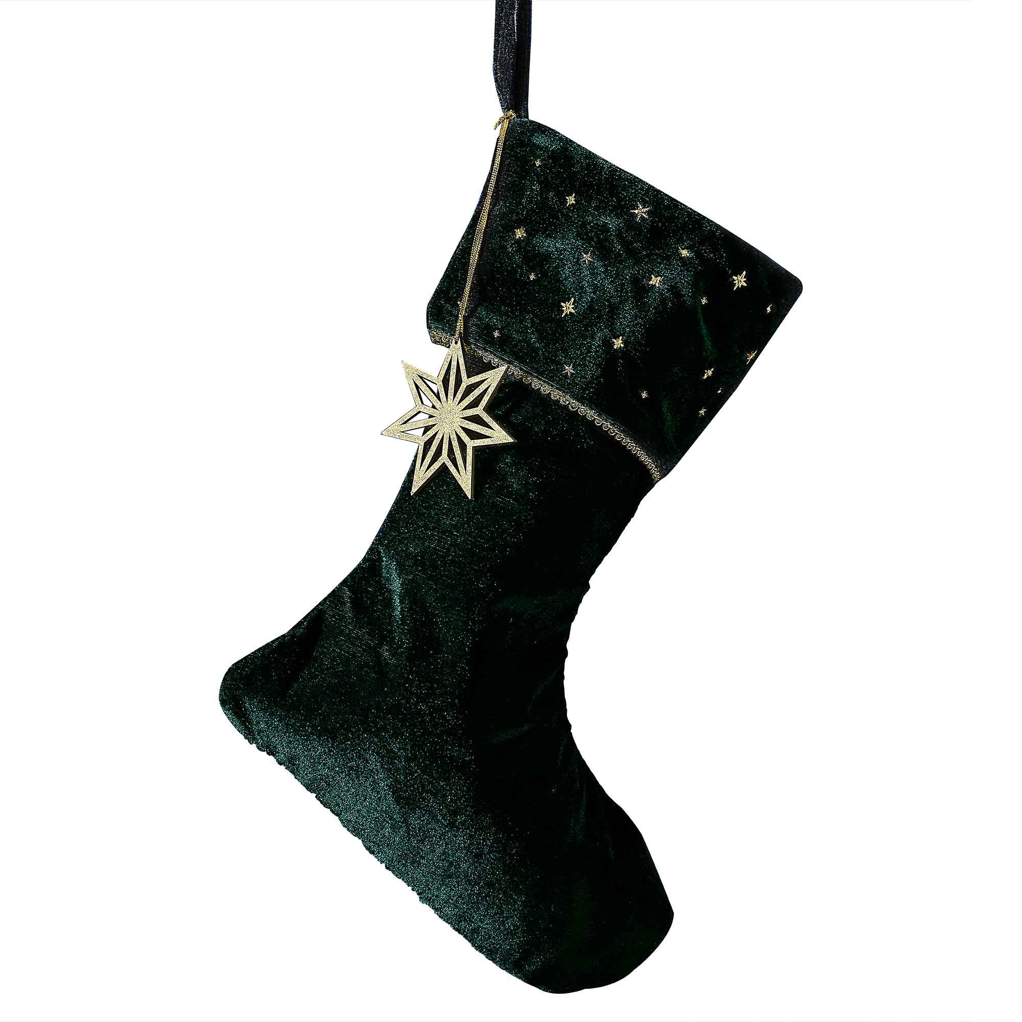 Velvet Luxe Green Velvet Embroidered Stocking with Wooden Charm