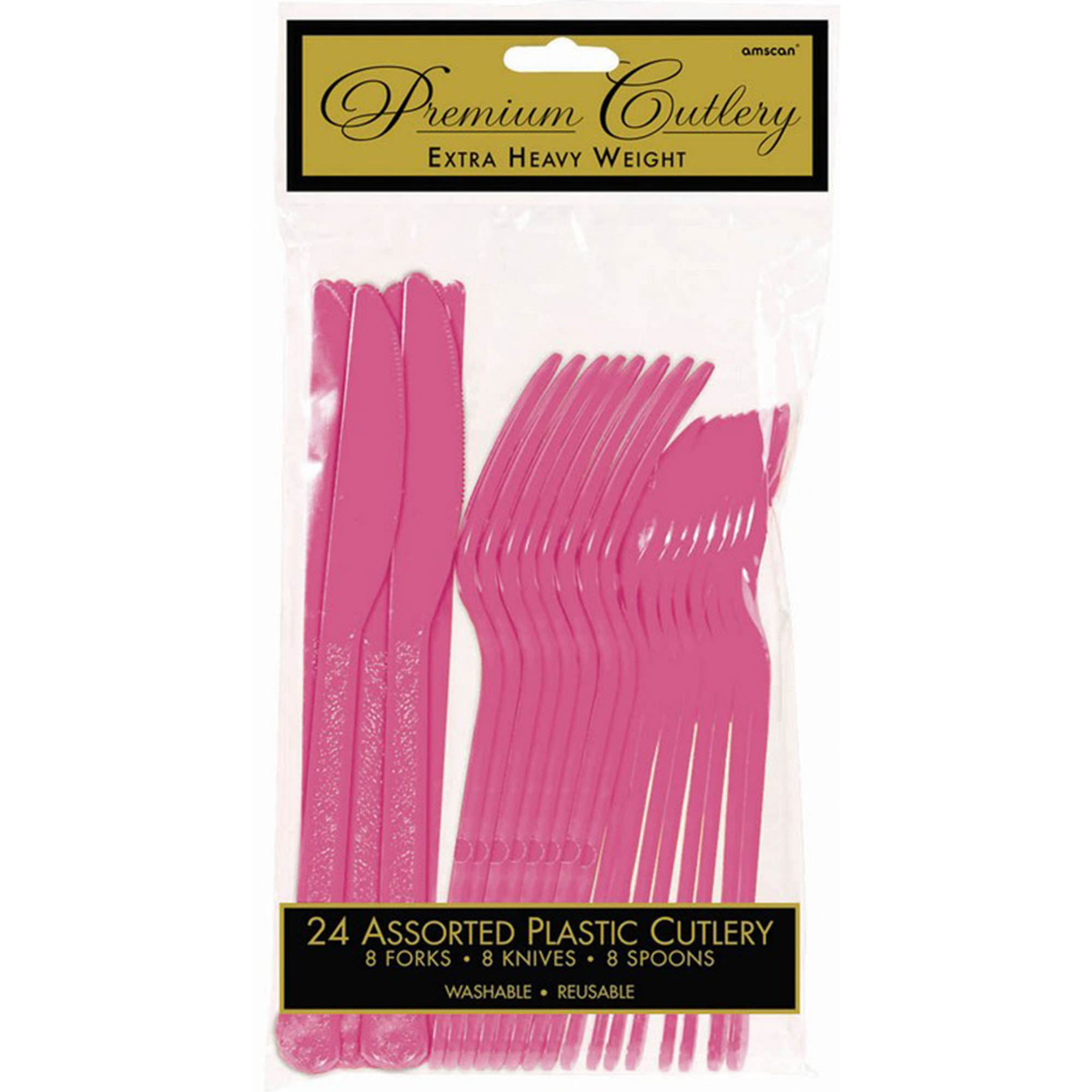 Premium Cutlery Set 24 Pack Bright Pink - Extra Heavy Weight