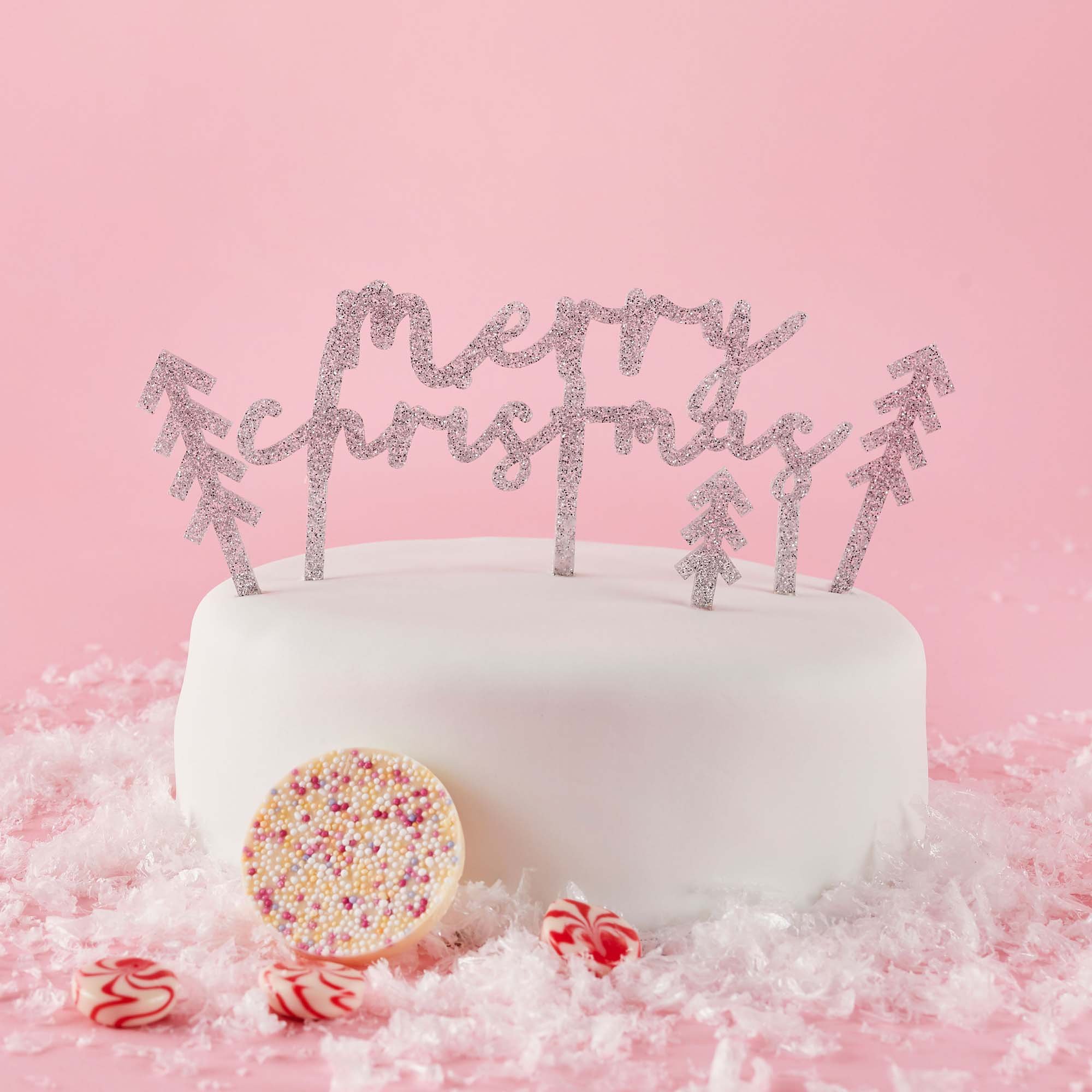 Good Cheer Silver 'Merry Christmas' Glitter Acrylic Cake Topper Set