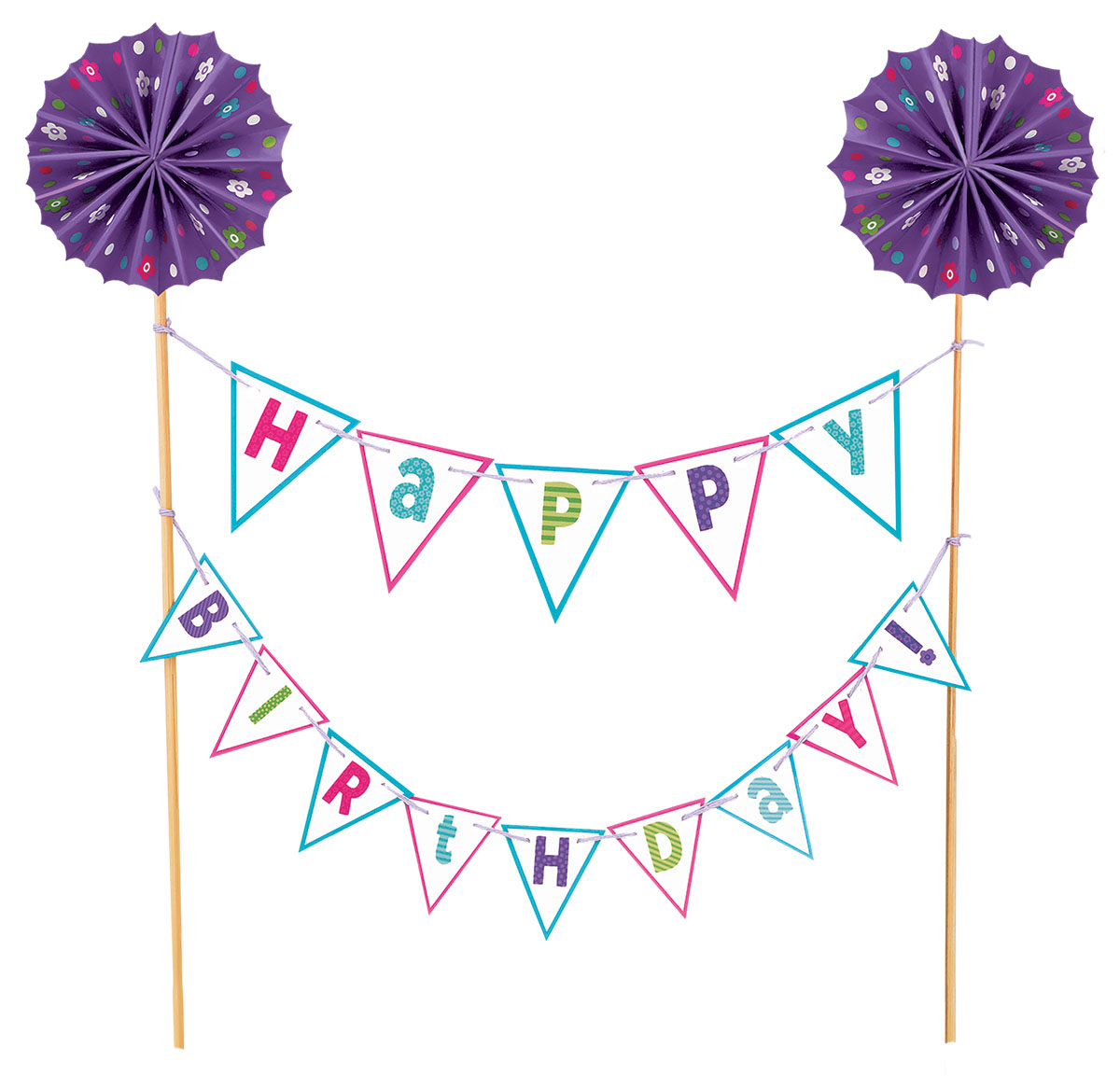 Cake Pick Happy Birthday Brights - Wood with Paper