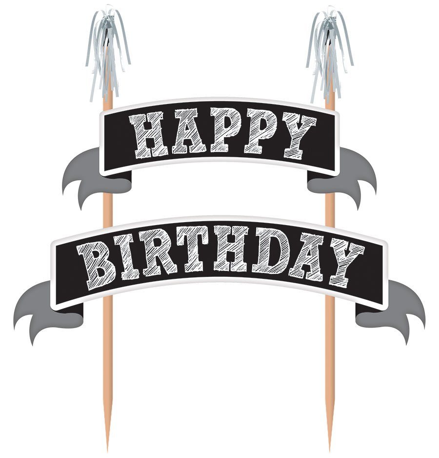 Cake Pick Happy Birthday Black - Wood with Paper & Foil