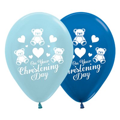 Sempertex 30cm On Your Christening Day Satin Pearl Blue & Metallic Blue Latex Balloons, 6PK